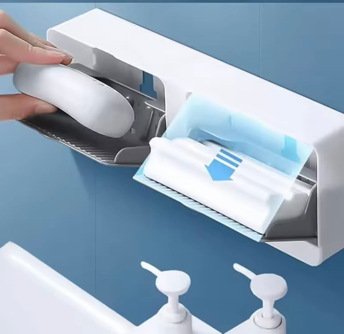 Wall Mounted Double Grid Soap  Holder With Drain Tray, Multifunctional Punch Free Vertical Soap Box, Self Adhesive Waterproof Soap Organizer