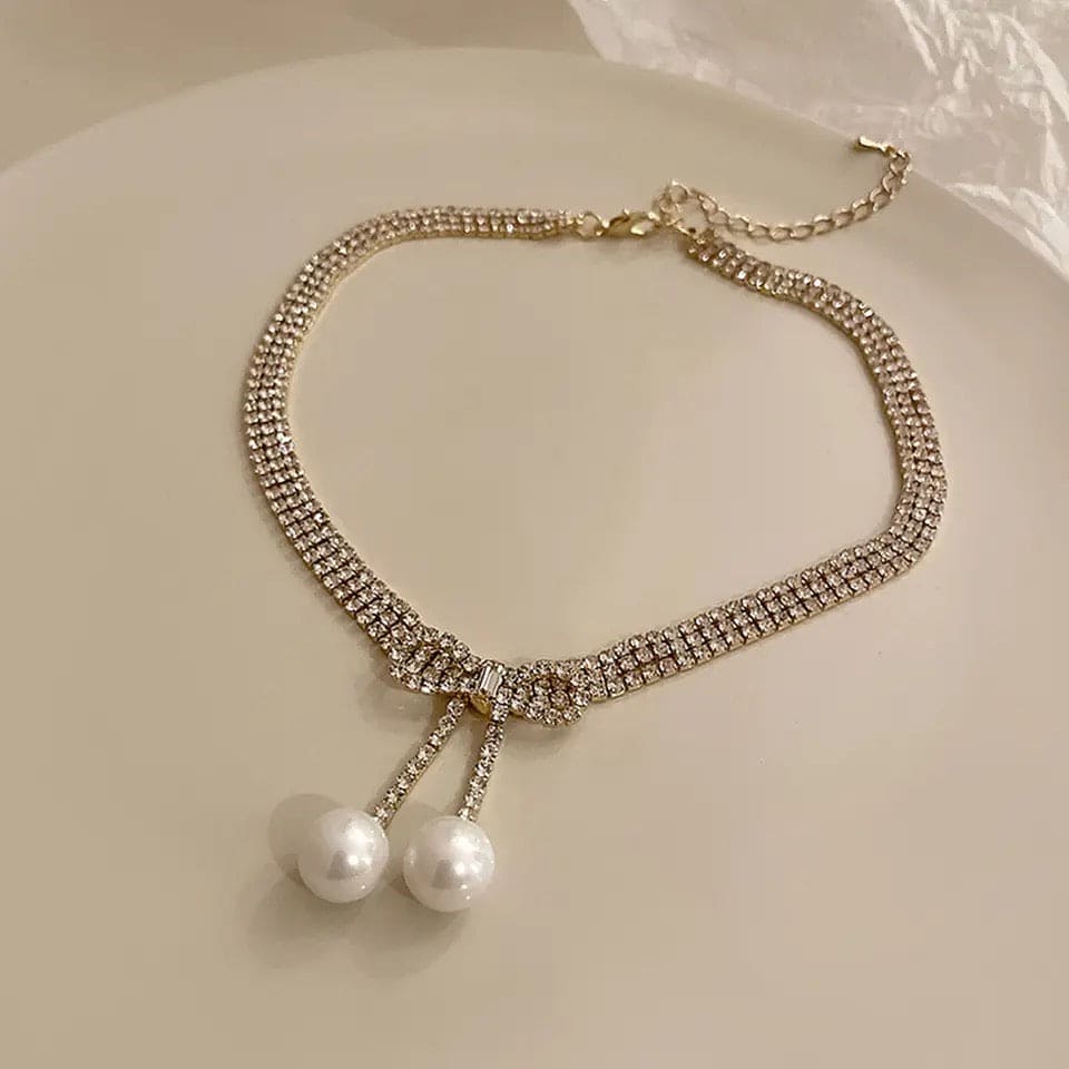 Bow Shiny Pearl Necklace, Luxury Three Rows Tassels Necklace, Women Adjustable Butterfly Necklace Jewellery, Elegant Pearl Stone Long Chain Necklace