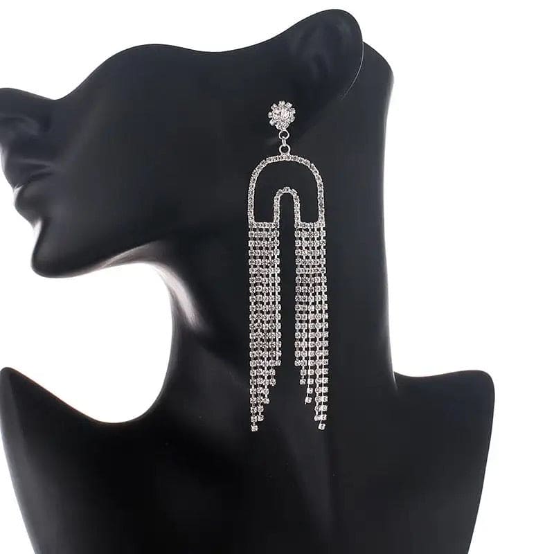 U Shaped Crystal Clipping Earring, Long Tassels Shiny Earring, Rhinestone Dangle Earrings for Women Jewellery