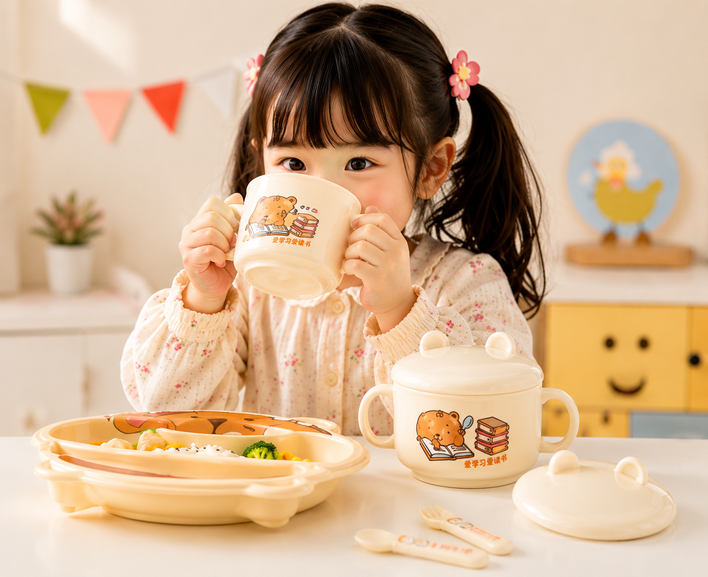 Bear Design Kids Tableware Set, Kids Bear Plate, Bowl & Cup Set, Cute Cartoon Bear Feeding Set for Kids, Adorable Bear Kids Feeding Tableware