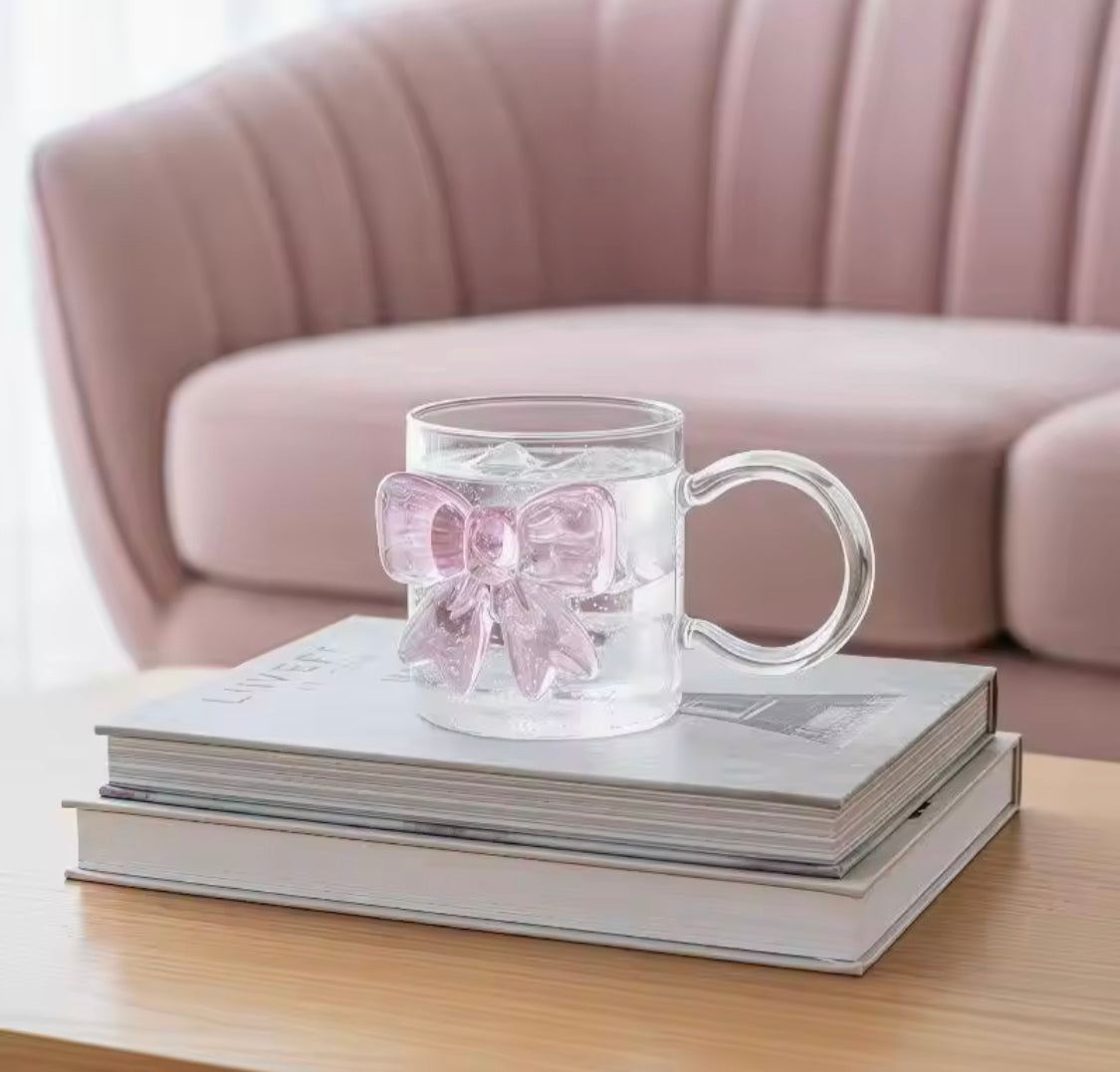 Heat Resistant 3D Bow Glass Mug With Handle, Aesthetic Bow Tea Mug, Cute Ribbon Glass Mug for Coffee & Tea, Double Wall Style Bow Glass Mug, Transparent Bow Coffee Mug