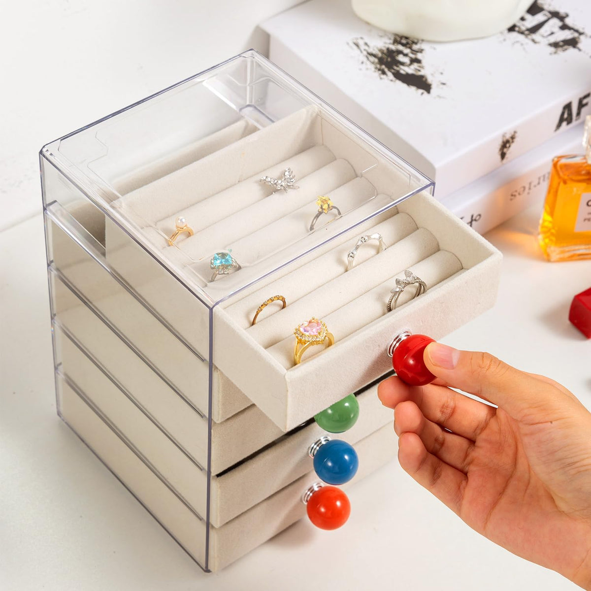 5 Tier Jewelry Organizer Box with Colourful Handle, Transparent Acrylic Jewelry Storage Organizer, Acrylic Jewelry Box with Ring Display Tray