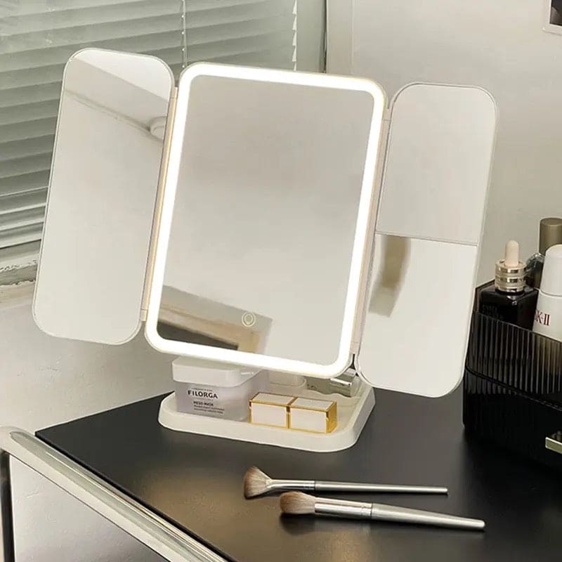 Trifold Makeup Mirror LED Lights, Dorm Dressing Mirror Beauty Light, Smart Complementary Makeup Mirror, Tabletop Small Makeup Decorative Mirror Desk Led, Touch Screen Portable Table Cosmetic Mirror for Travel Cosmetic Office