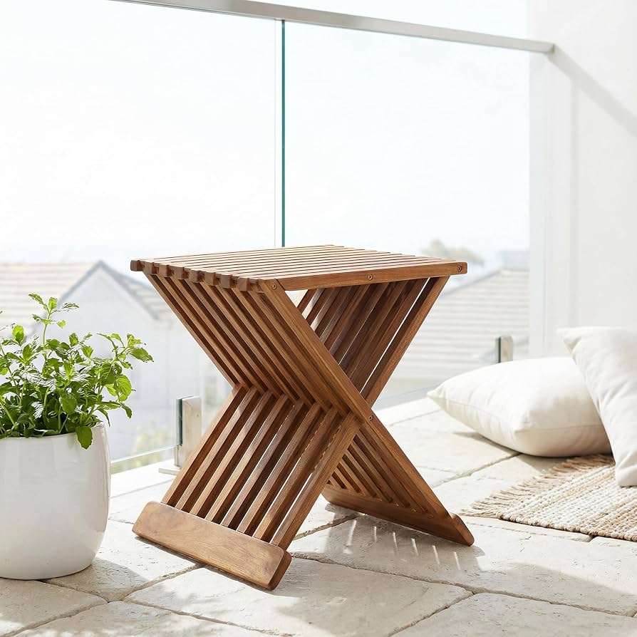 Wooden X Frame Folding Stool, Multipurpose Bamboo Folding Stool And Side Table, Space Saving Bamboo Folding Stool