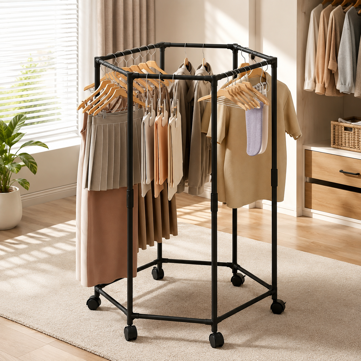 360° Rotating Metal Clothes Stand Rack With Wheels, Multi Purpose Garment Organizer, Rolling Clothes Hanging Rack, Portable Clothes Storage Rack, Space Saving Rolling Clothes Rack