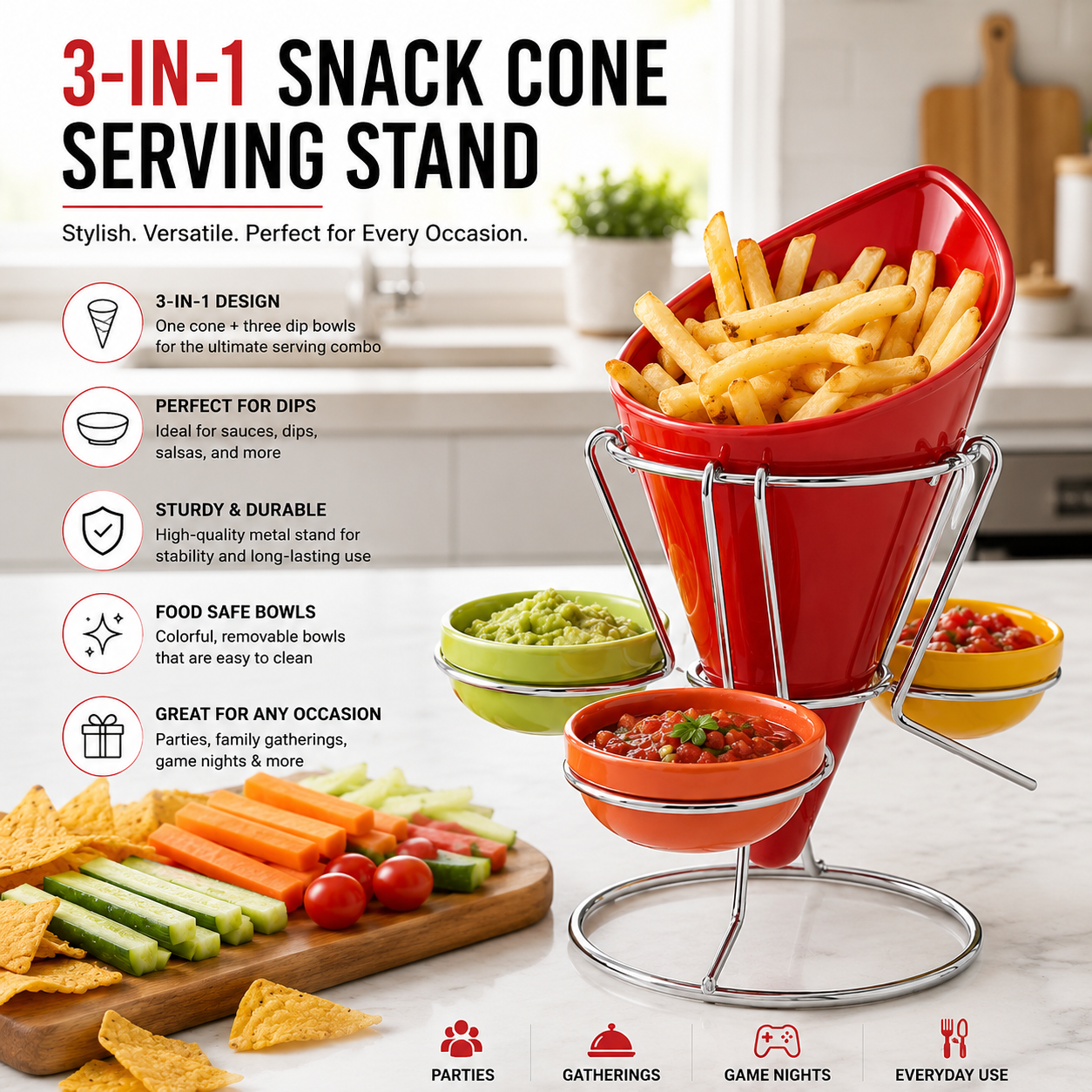 3 In 1 Snack Cone And Dip Serving Stand, French Fry Cone Serving Set With Dip Bowls, Premium Snack Serving Holder With Dip Cups, Tabletop Snack Cone Display Stand