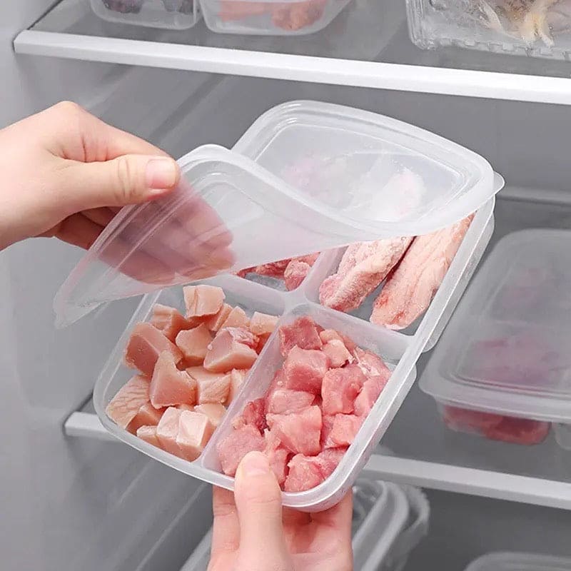 4 Grid Plastic Becon Box, Four Compartment Food Storage Box, Reusable Preservation Box With Lid, Plastic Refrigerator Storage Box Organizer, Food Storage Container with Lid for Refrigerator, Multipurpose Food Fridge Keeper