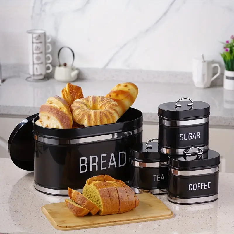 Set Of 4 Bread Bin And Canister Set, Vintage Style Storage Jars, Coffee And Sugar Metal Container, Airtight Storage Box For Bread