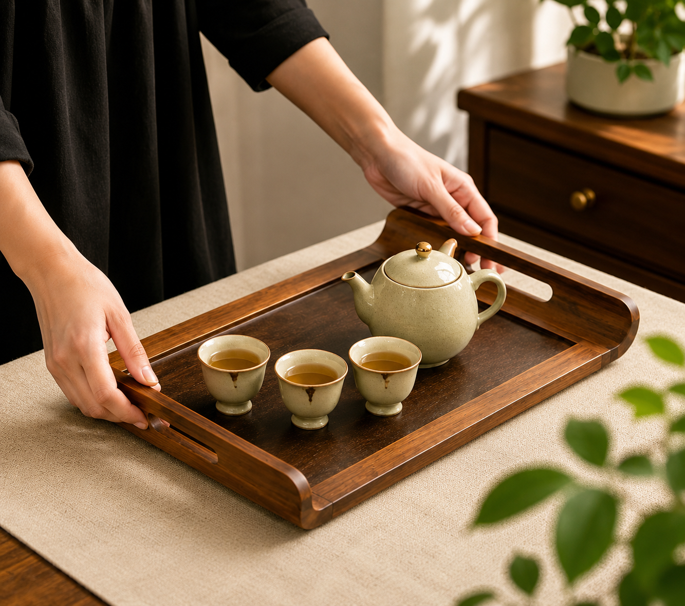 3Pcs Wooden Serving Tray Set with Handle, Multipurpose Wooden Serving Tray Set, Bamboo Style Wooden Serving Tray, Kitchen Serving Tray Set