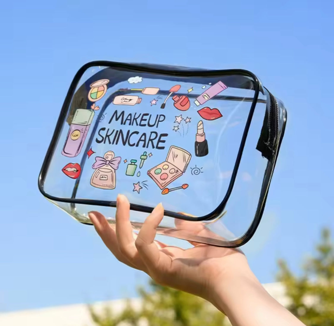 Transparent PVC Makeup Bag, Waterproof Printed Travel Toiletry Bag, Large Capacity Cosmetic Organizer
