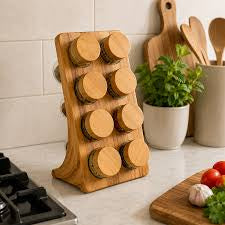 Hexagonal Bamboo Spice Rack With 8 Jars, Bamboo Spice Organizer, Wooden Masala Box with Glass Jars