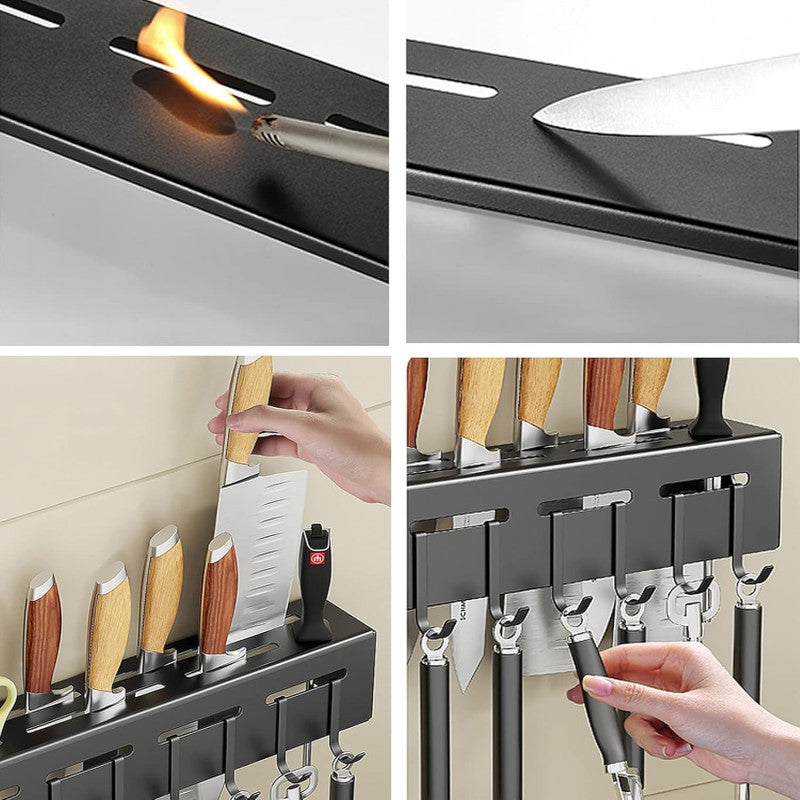 Wall Mounted Kitchen Utensil Organizer, Multi Purpose Kitchen Tool Storage Rack, Kitchen Knife Stand with Hanging Hooks
