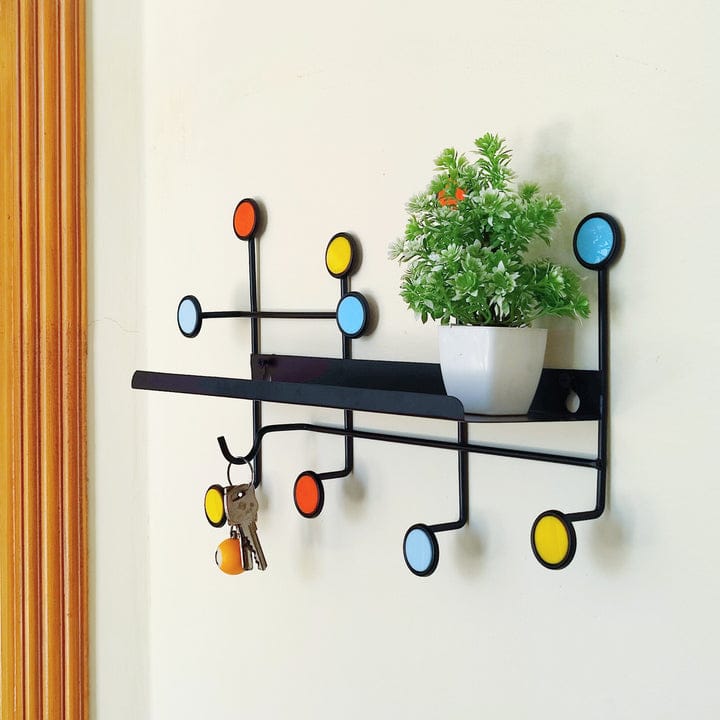 Nordic Style Wall Shelf With Hooks, 6 Dots Iron Cast Wall Hooks Hanger, Antique Finish Metal Clothes