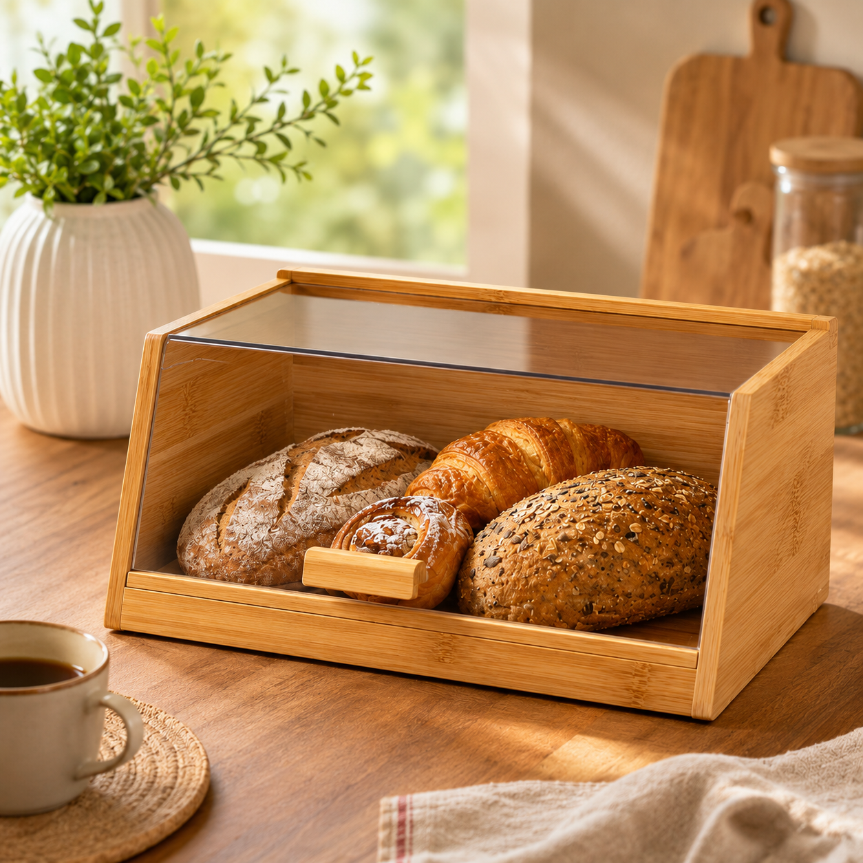 Wooden Bread Keeper with Acrylic Lid, Wooden Countertop Bread Organizer, Kitchen Bread Storage Cabinet with Transparent Door