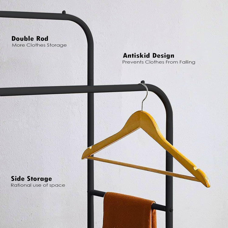 Dual Pole Metal Clothes Stand With Shoe Tiers, Standing Wardrobe Clothes Rack, Floor Stand Drying Rack