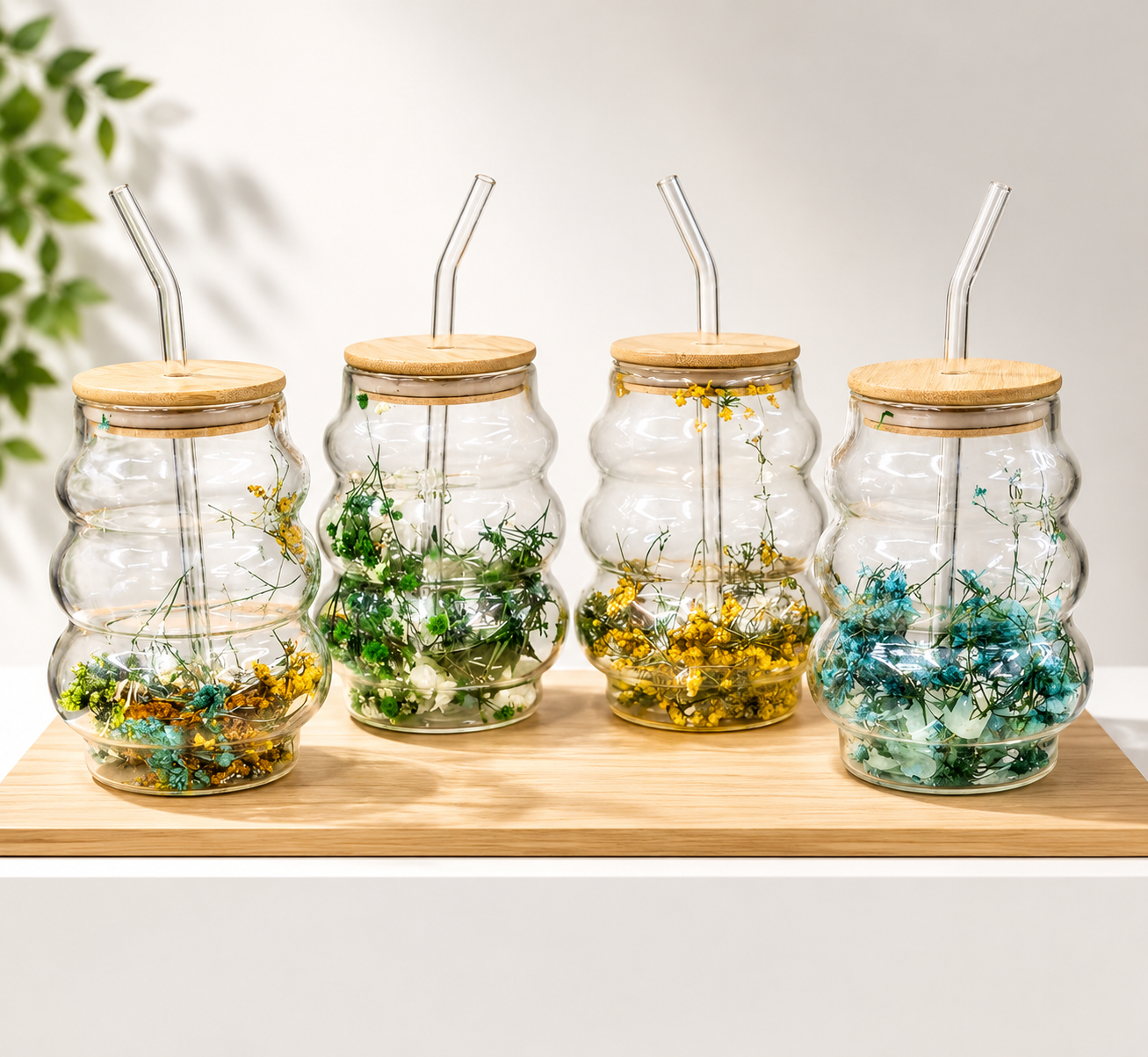 Floral Glass Tumbler with Bamboo Lid, Wavy Floral Glass Drinking Jar, Cute Floral Glass Cup with Bamboo Cover, Bubble Shape Glass Tumbler