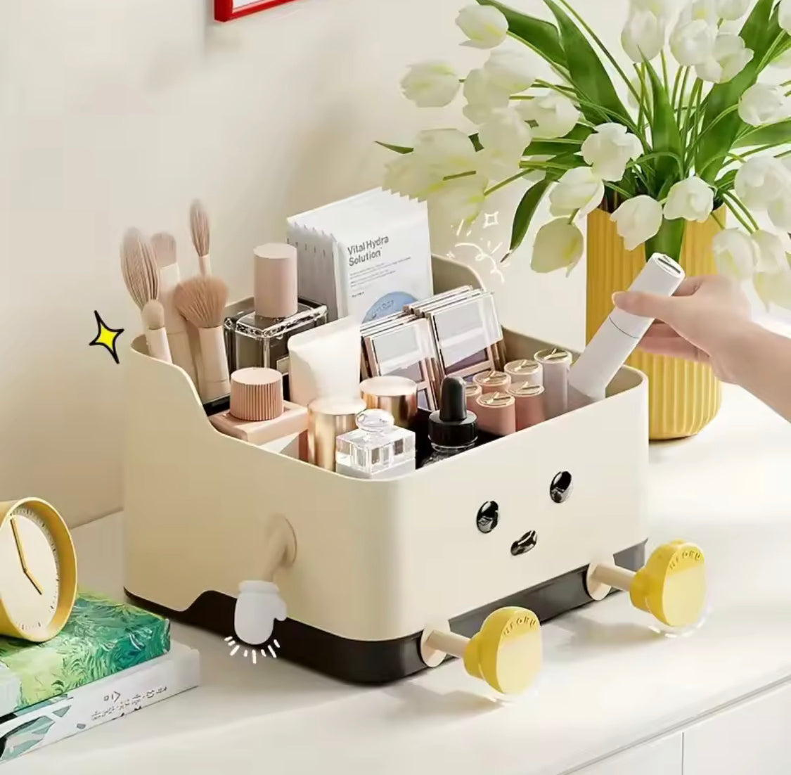 Cute Cartoon Style Desktop Storage Box, Multi Grid Countertop Cosmetic Organisation Shelf, Cute Desktop Decoration Accessories