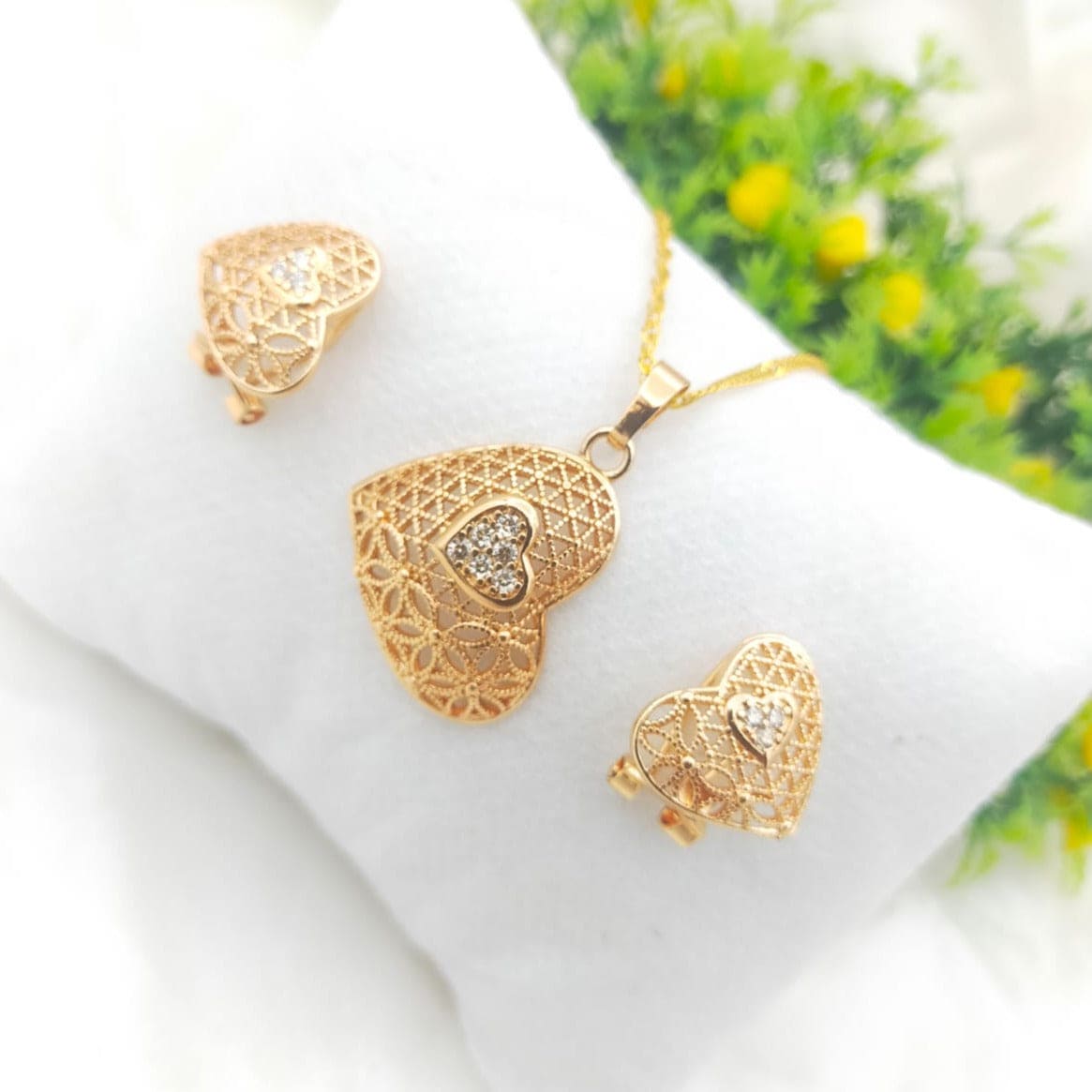 Gold Plated Heart Locket Set, Heart Shape Fashion Pendant Set, Crystal Pendant Necklace Hoop Earring Jewellery