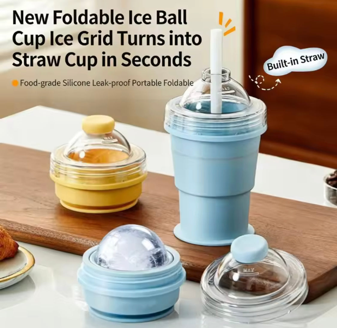 2 In 1 Collapsible Silicone Ice Ball Cup, Reusable Portable Ice Sphere Mold with Straw Lid, Portable Ice Ball Cup