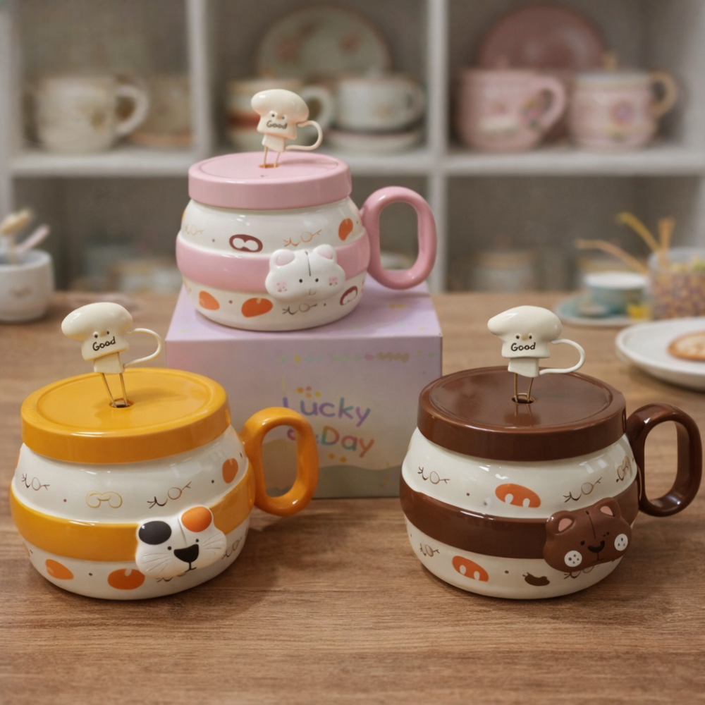 Cute Animal Ceramic Mug With Lid, Cartons coffee Cup (1 Pc)