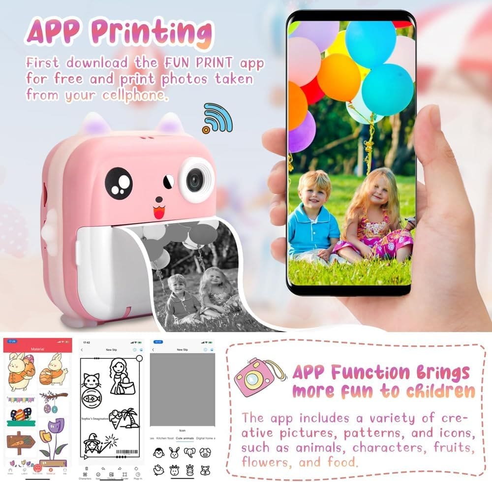 Cat Camera Printer, Children Instant Print Camera, Kids Photography Digital Photo Camera, 2-in-1 Portable Digital Camera, Pocket Printer With Thermal Paper Roll, Mini Bluetooth Photo Printer Camera