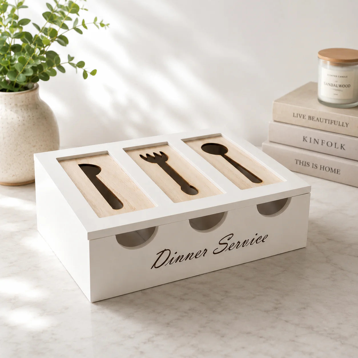 3 Compartment Wooden Cutlery Box with Lid, Wooden Cutlery Organizer Storage Box, Vintage Wooden Cutlery Organizer Box, Spoon, Fork And Knife Storage Holder
