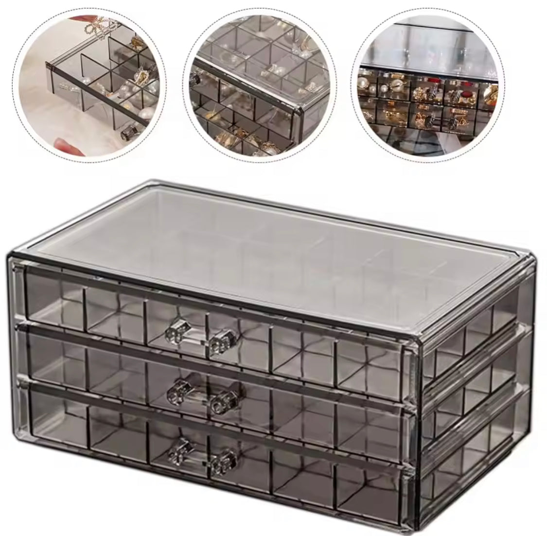 Multi Layer Transparent Jewellery Storage Box, 3 Layer Desktop Ring Earring Sorting Box, Dressing Table Drawer Style Storage Box