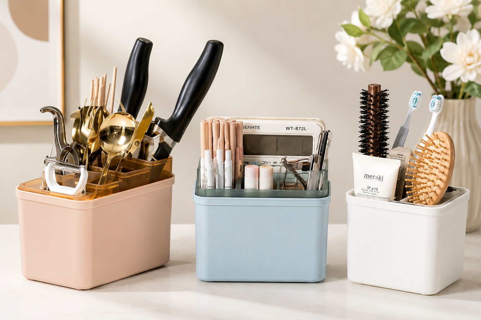 Multi Purpose Desktop Organizer, Kitchen Counter Organizer, Multi Compartment Organizer, Portable Storage Organizer, Kitchen Utensil Box