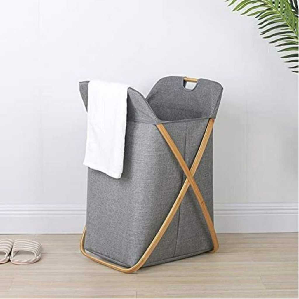 Bamboo Frame Foldable Laundry Basket, Wooden Handel Laundry Hamper, Lightweight Bathroom Laundry Basket
