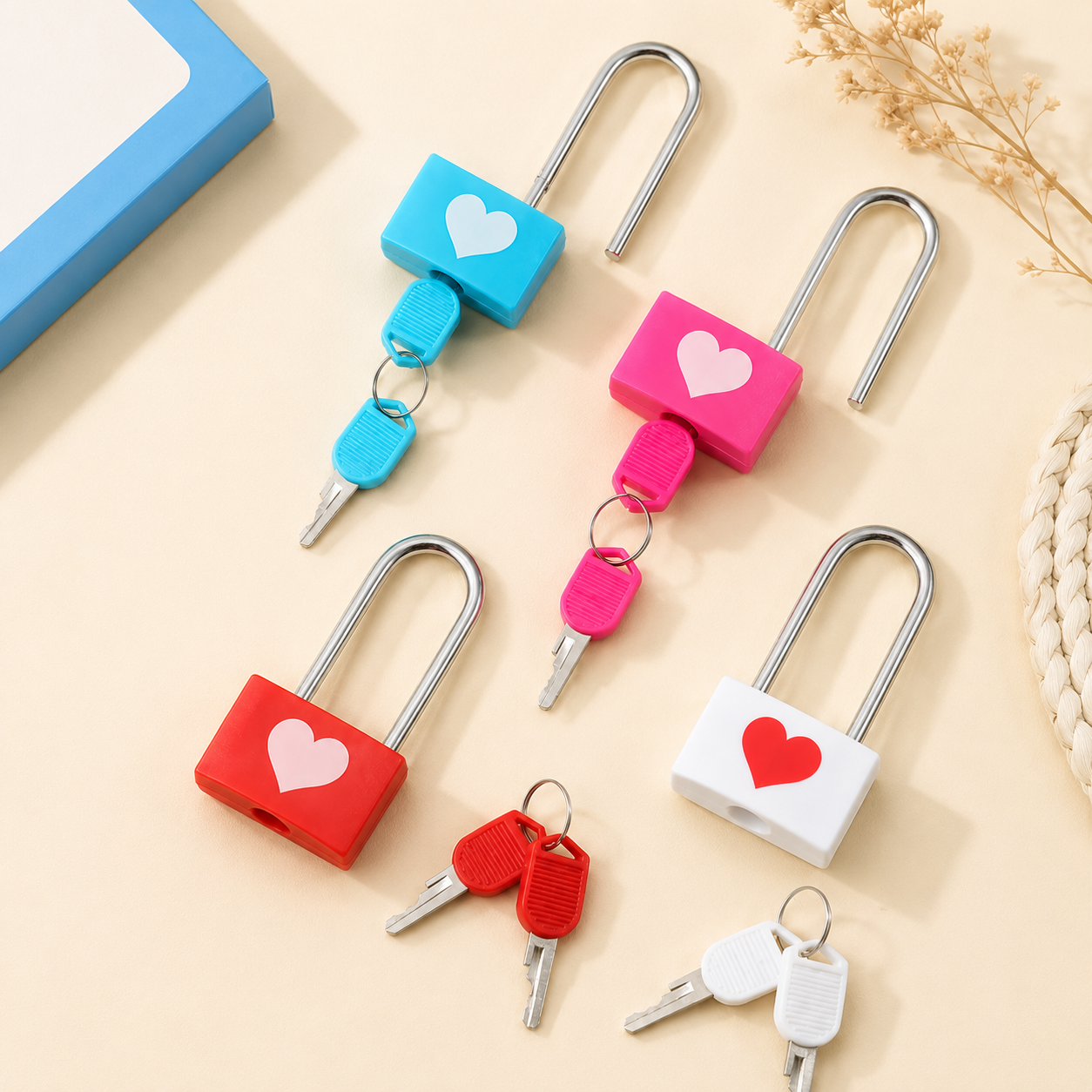 Heart Design Safety Padlock With Keys, Premium Heart Padlock Set, Decorative Mini Security Lock, Colorful Heart Lock And Key Setn