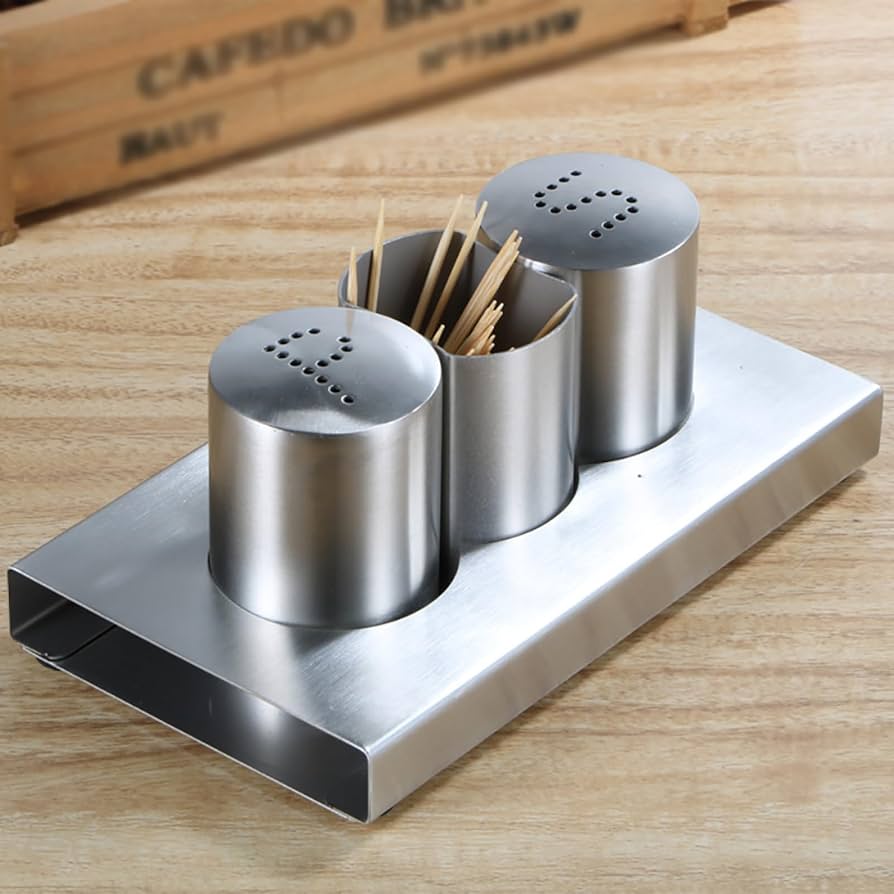 Stainless Steel Salt And Pepper With Stand, Mini Salt And Pepper Shaker Set, Spice And Seasoning Set With Toothpick Container