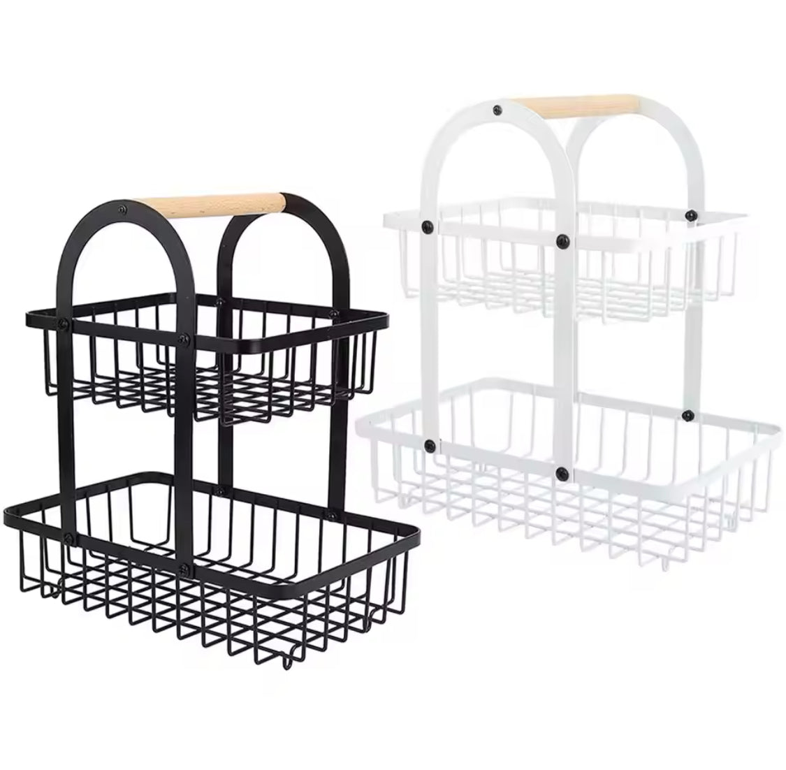 2 Tier Iron Fruit Basket With Wooden Handle, Kitchen Countertop Storage Rack, Wrought Iron Detachable Storage Holder