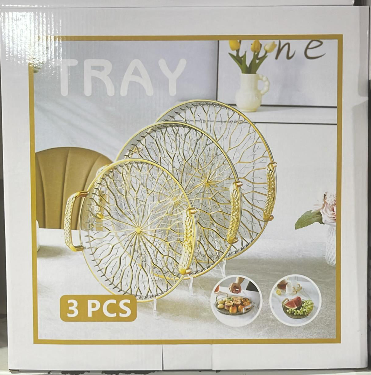 Elegant 3 Piece Serving Tray Set, Dinnerware Serving Tray, Set Of 3 Glass Tray Set