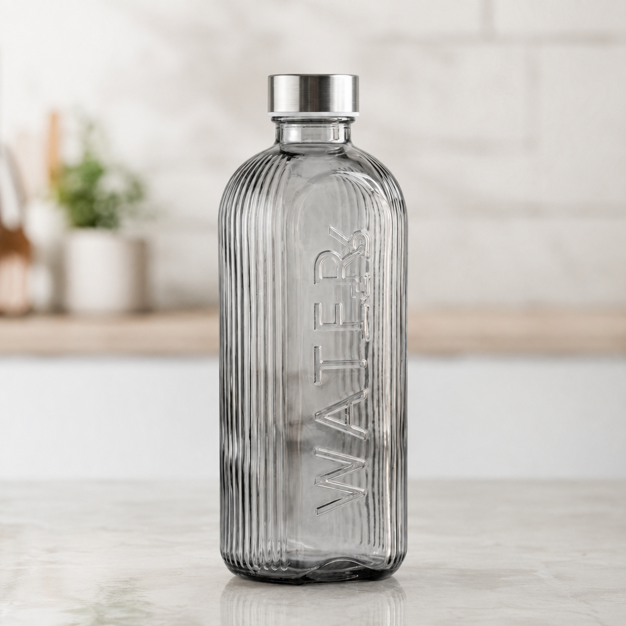 Classic Ribbed Glass Beverage Bottle, Elegant Glass Water Bottle With Metal Cap, Luxury Ribbed Glass Beverage Flask