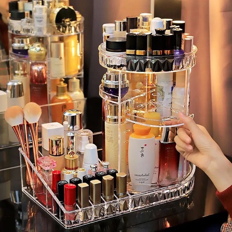 All In One Makeup Organizer, 360 Degree Rotation Makeup Organizer, Crystal Makeup Display Stand, Multifunction Detachable Makeup Beauty Organizer, Adjustable Cosmetic Display Case, Rotatable Transparent Beauty Organizer