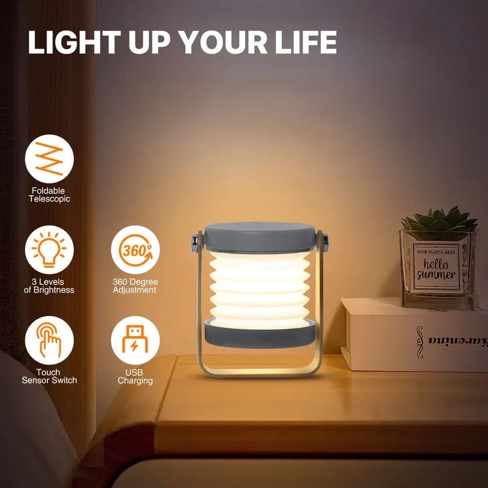 4 In 1 Foldable Table Lamp, Touch Dimmable LED Portable Lantern Light, Rechargeable Camping Lantern Night Light, Wooden Handle Telescopic Lantern Light, Touch Control Dimmable 3 Level Night Light