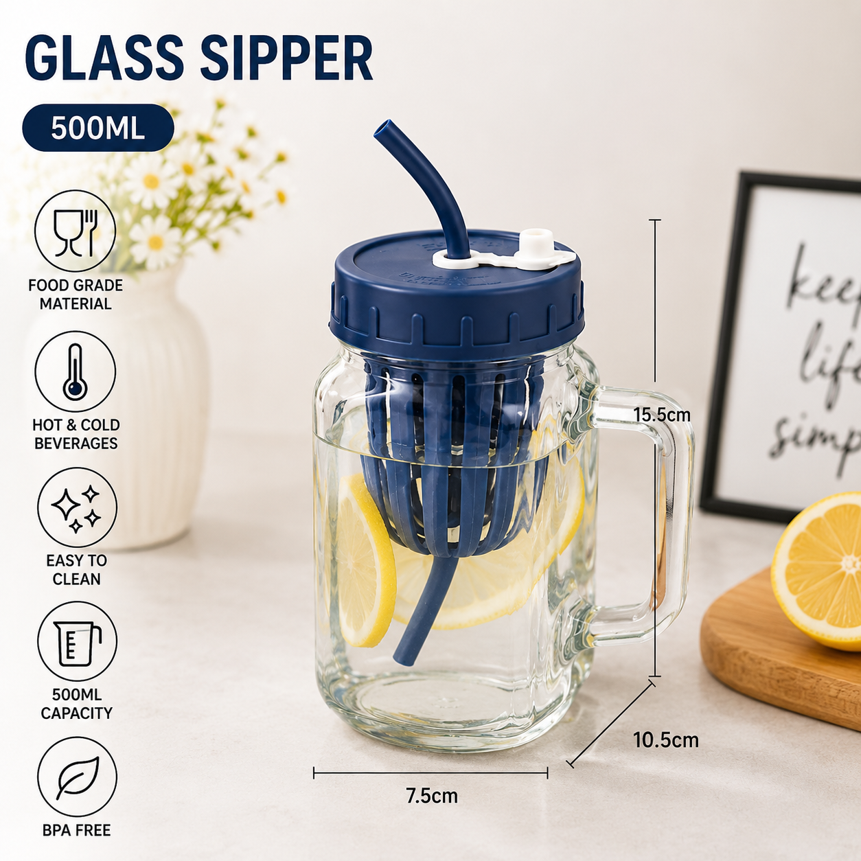 500ml Glass Sipper with Infuser, Leakproof Glass Infuser Mug with Straw, Glass Sipper Bottle, Glass Juice Cup with Handle