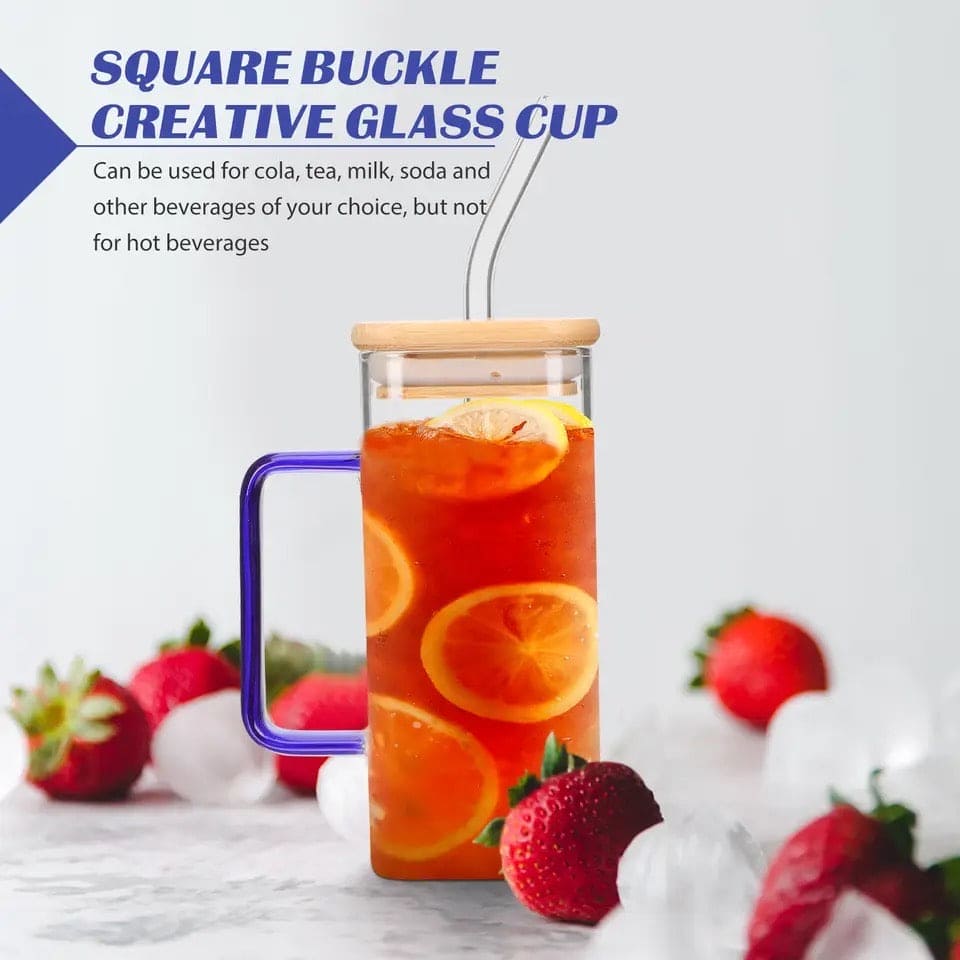 Square Coffee Mug With Wooden Top And Straw, 400ml Colored Handle Drinking Glass Cup, Transparent Drink Cup, Party Beverage Cup, Portable Glass Water Cup with Straw Lid, Household Borosilicate Straw Glass