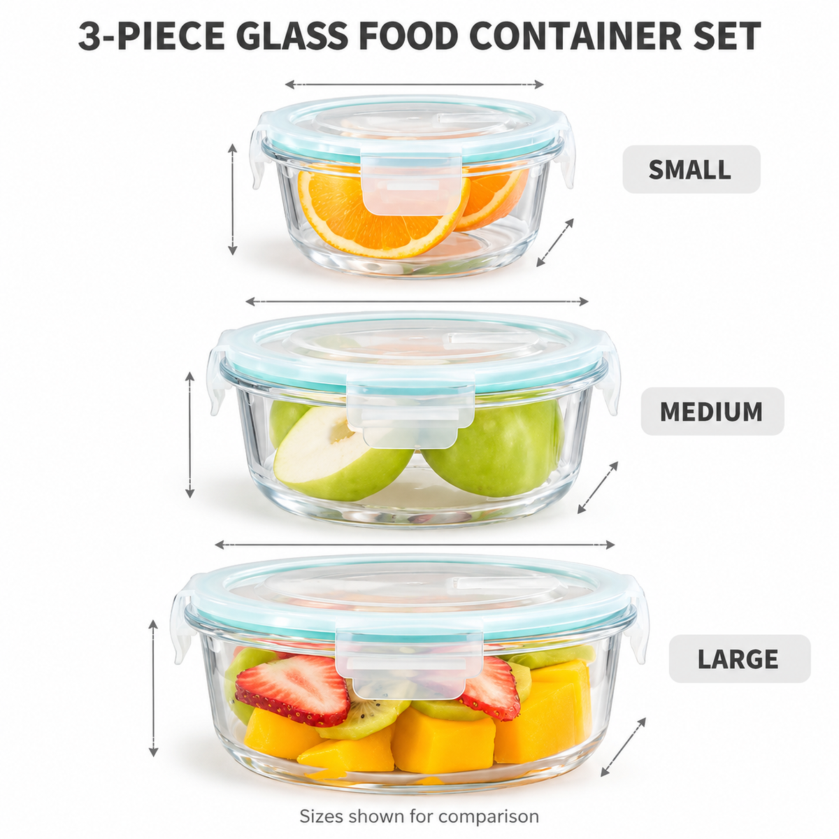 3pcs Glass Food Storage Containers with Lids, Meal Prep Containers, Airtight Bento Boxes with Leak Proof Lock