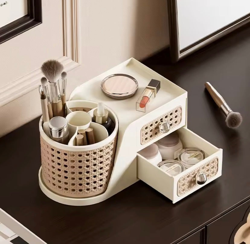 Rattan Style Makeup Organizer with Drawers, Large Capacity Cosmetic Storage Box, Double Layer Rotating Shelf Pen Holder, Desktop Organizer