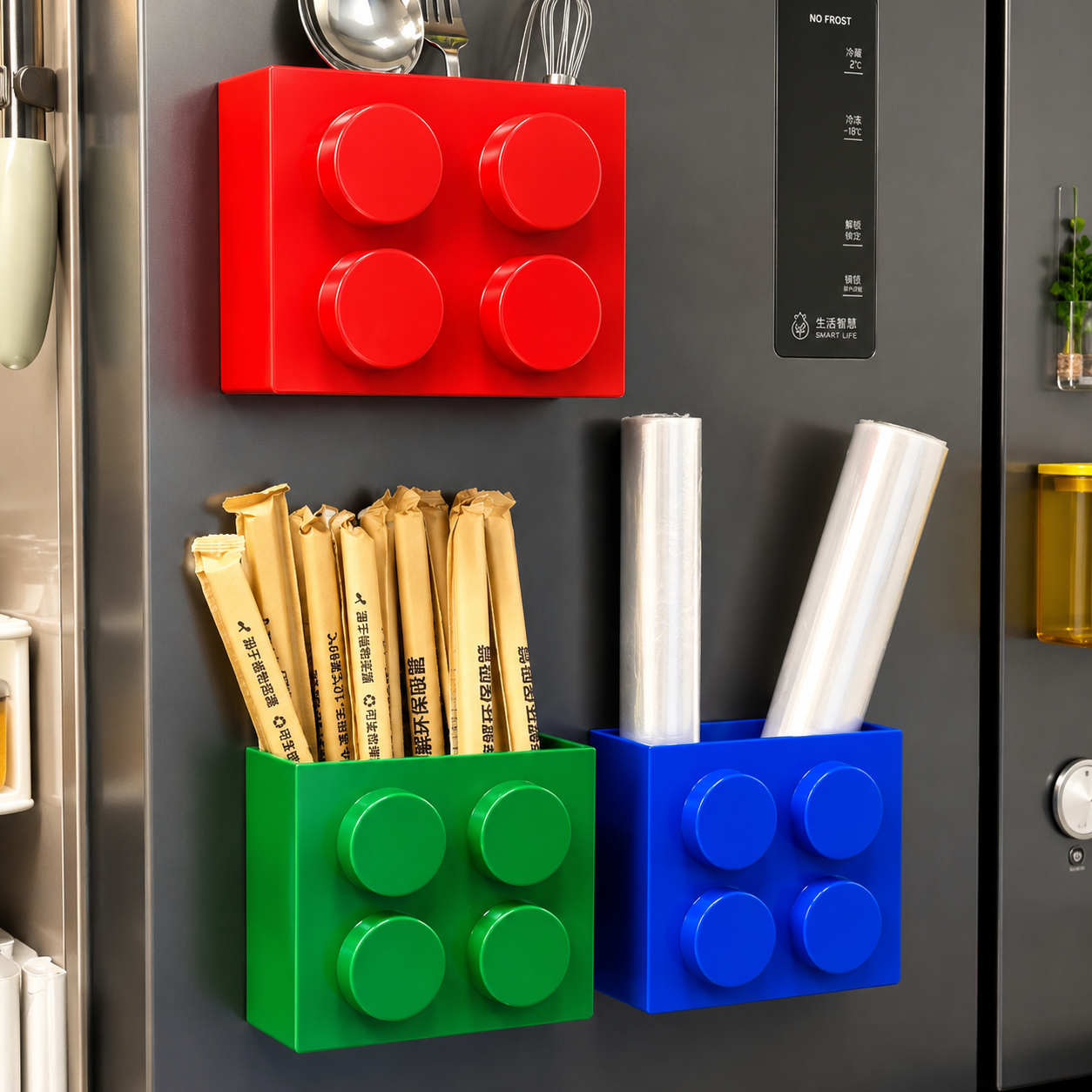 Wall Mounted Building Blocks Sticking Holder, Refrigerator Door Shelf Organizer,  Kitchen Fridge Accessories Organizer