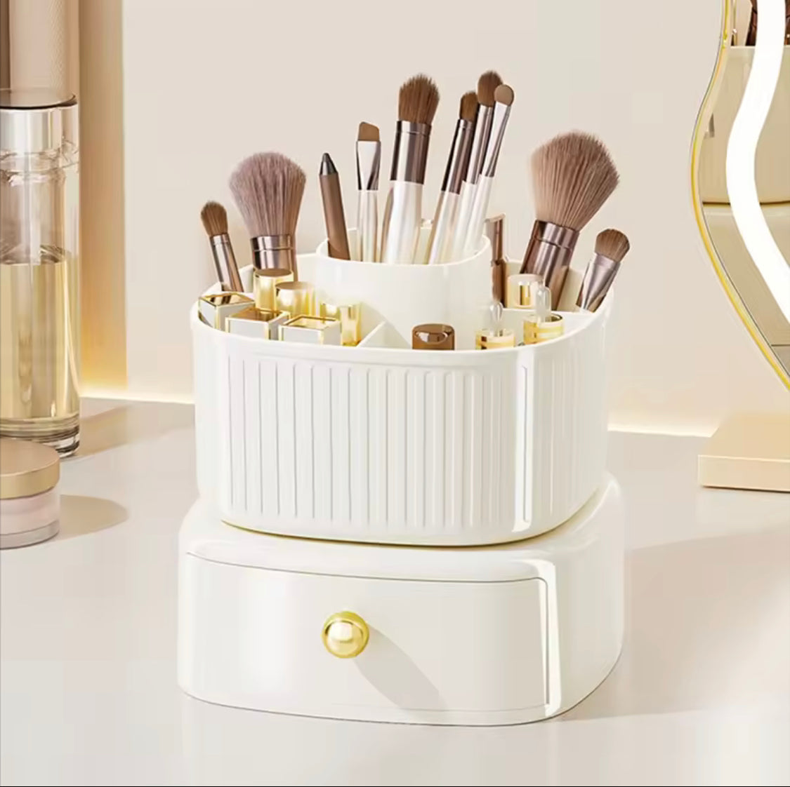 5 Grid Spinning Makeup Organizer, Desktop Makeup Organizer, Makeup Brush Holder With Drawer, Desktop Vanity Organizer
