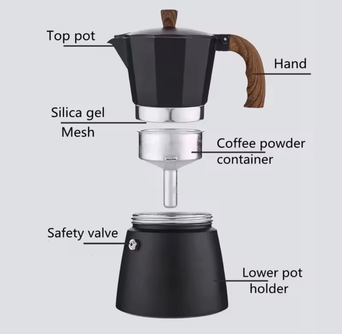 Manual Espresso Coffee Maker With Wooden Handle, Italian Espresso Brewer, Durable Mocha Maker Pot