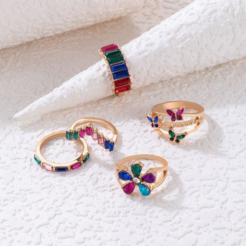 Set Of 5 Colorful Crystal Geometric Rings, Butterfly Flower Charm Finger Ring Jewellery, Crystal Stone Inlaid Brick Ring Set for Women, Multicolor Stone Butterfly Ring Set