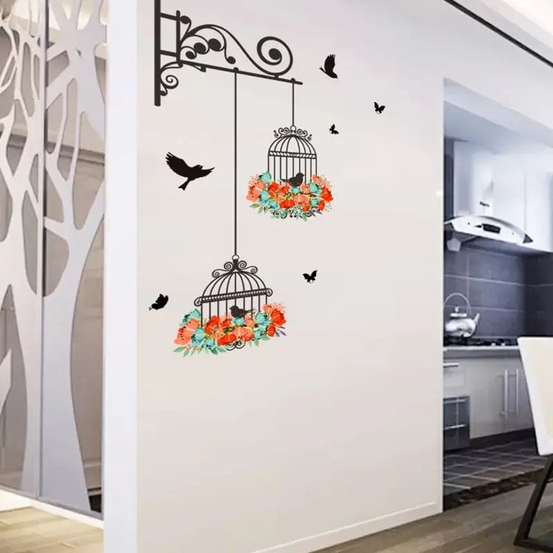 Bird Cage Wall Sticker, Household Colorful Flower Bird Cage Wallpaper, Home Decor Living Room Decals Sticker, Wall Art Decorative Wall Stickers, Self Adhesive Murals Wallpaper, Living Room Wall Stickers, Vinyl Wall Decals Wall Sticker