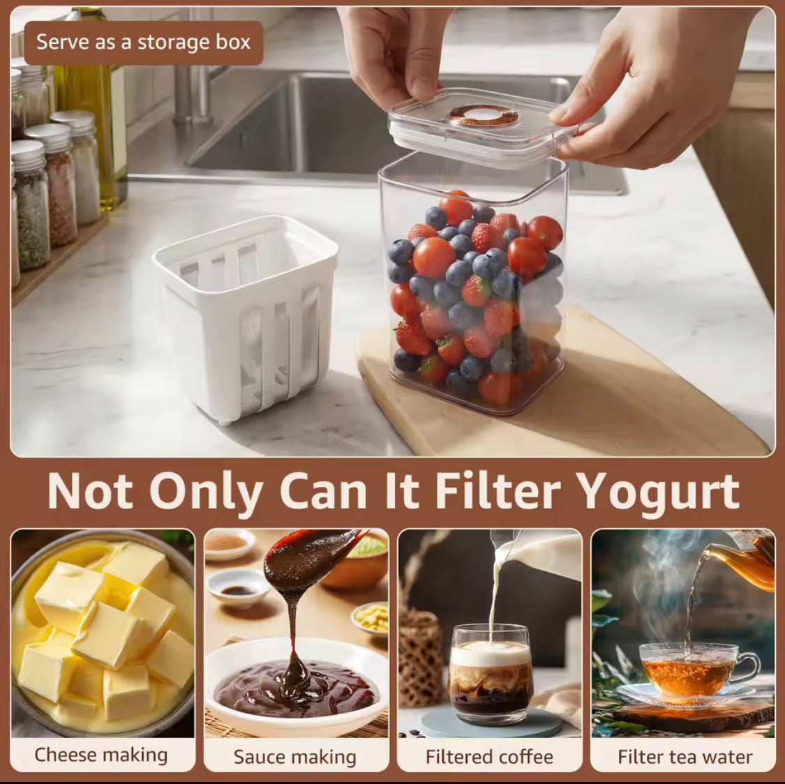 Portable Yogurt Strainer Cup,  Greek Yogurt Filter with Separator, Food Grade Greek Yogurt Strainer, Large Capacity Fine Mesh Cheese Yogurt Maker with Lid