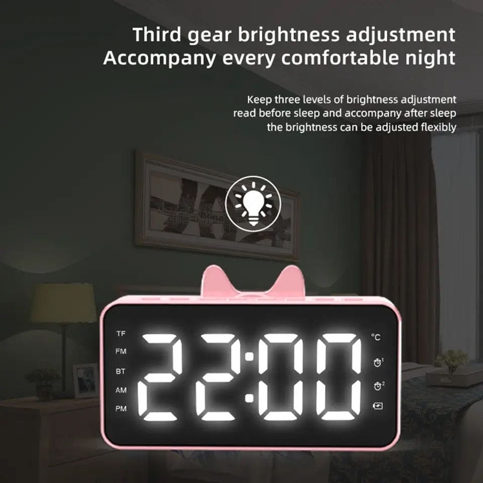 Cat Ear Alarm Clock, Speaker Wireless Mirror Digital Display Smart Sound Box, TF FM Radio Mobile Phone Stand Sound Bar, Multifunction Alarm Radio Desk Clock, Cute Wireless Bluetooth Speaker Clock