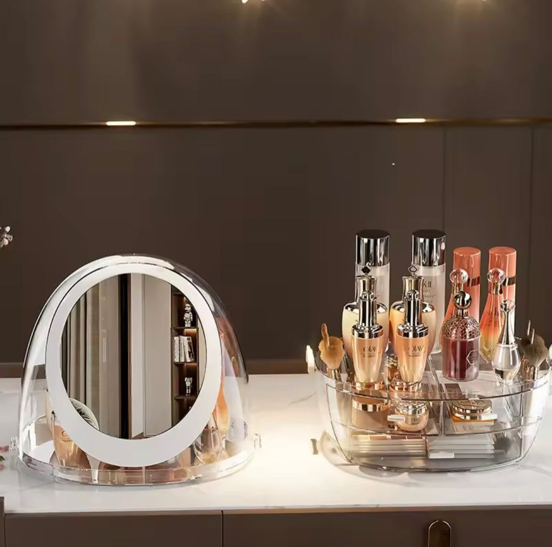 LED Makeup Organizer with Mirror And Drawers, Smart Touch LED Vanity Makeup Organizer, Transparent Makeup Organizer with 360° HD Mirror, Dust proof Cosmetic Storage Box with LED Mirror