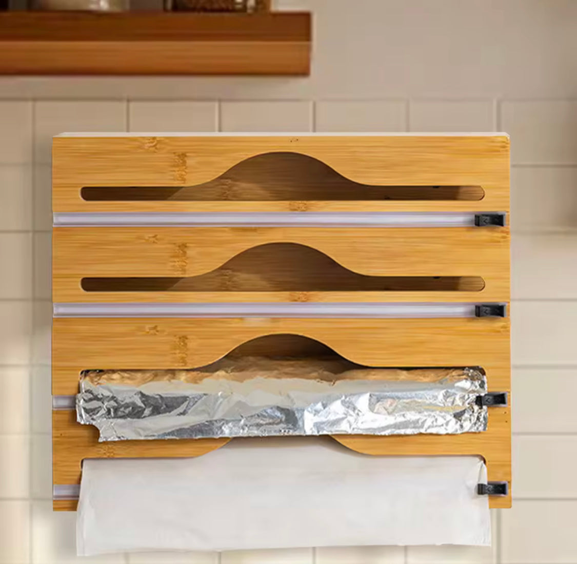 Wall Mounted Bamboo Foil Cling Film Cutter, Foil Dispenser With Cutter, Kitchen Wrap Dispenser, Kitchen Organization, Bamboo Plastic Film Cutter, Wall Film Dispenser