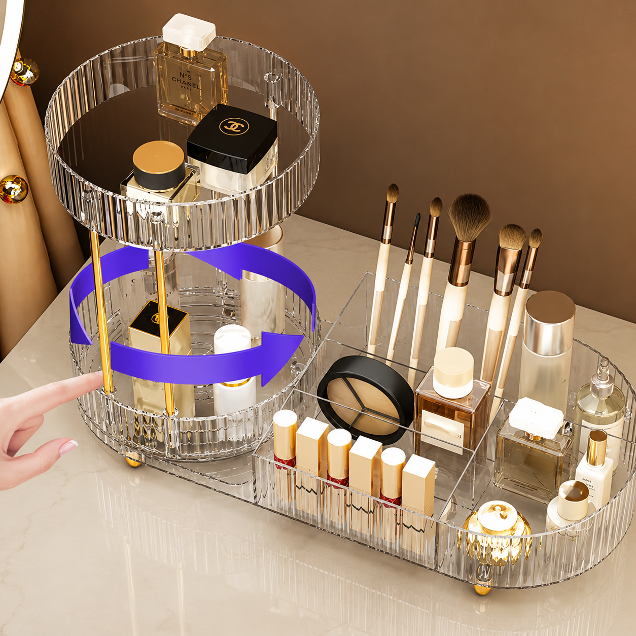 Rotating Vanity Counter Organizer, Multi Compartment Beauty Organizer, Acrylic Makeup Holder Organizer
